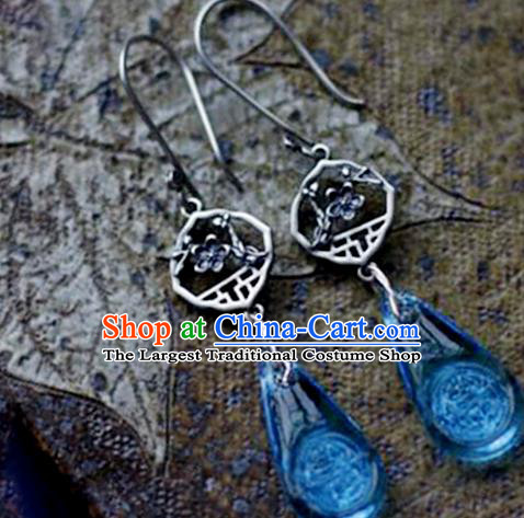 China Handmade National Silver Plum Blossom Earrings Traditional Cheongsam Aquamarine Ear Accessories