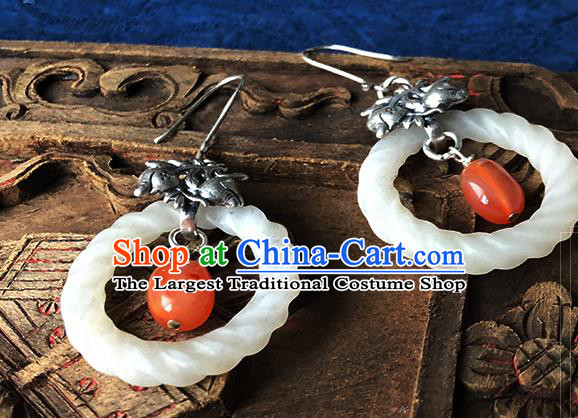 China Handmade National Jade Ring Earrings Traditional Cheongsam Silver Pomegranate Ear Accessories