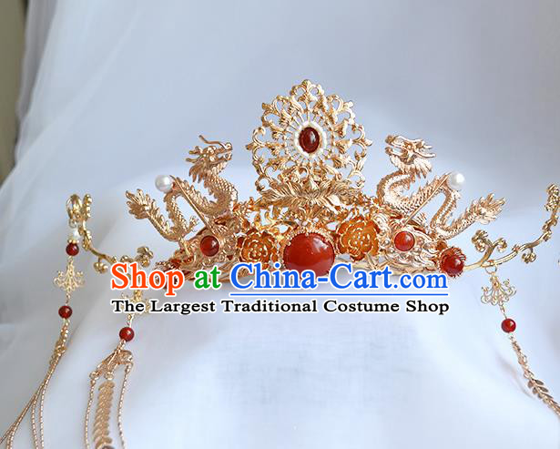 Chinese Traditional Wedding Bride Hair Accessories Ancient Ming Dynasty Empress Golden Dragon Hair Crown