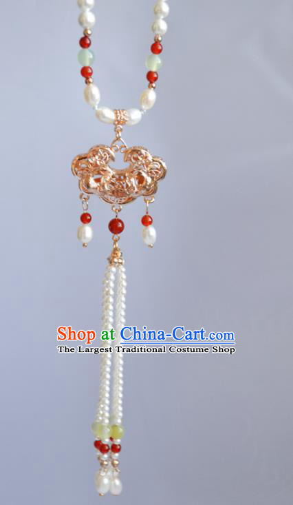 Chinese Ancient Princess Pearls Necklace Handmade Traditional Ming Dynasty Golden Lock Necklet Jewelry