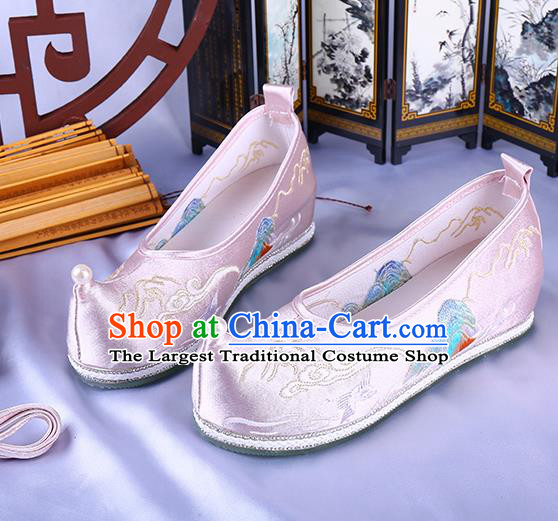 Chinese Ming Dynasty Embroidered Landscape Shoes Ancient Princess Bow Shoes Traditional Hanfu Pink Satin Shoes