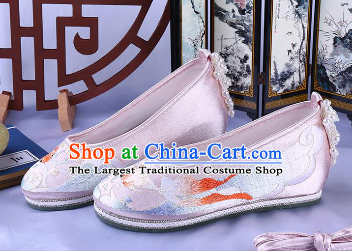 China National Embroidery Goldfish Shoes Traditional Dance Pink Cloth Shoes Classical Bride Shoes