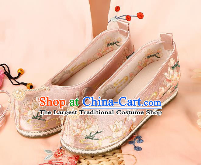 Chinese Traditional Pearls Toe Hanfu Shoes Ancient Ming Dynasty Princess Shoes Embroidered Pink Satin Shoes