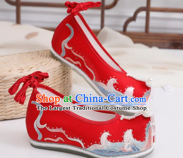 Chinese Traditional Wedding Pearls Shoes Hanfu Shoes Ancient Ming Dynasty Princess Embroidered Red Satin Shoes