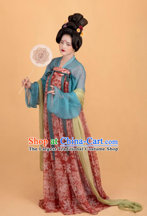 China Tang Dynasty Court Lady Historical Costumes Traditional Ancient Royal Rani Red Hanfu Dress Clothing