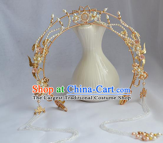 Chinese Traditional Hanfu Beads Tassel Hair Clasp Ancient Goddess Golden Lotus Hair Crown