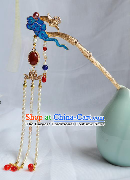 Chinese Traditional Hanfu Cloisonne Cloud Hair Stick Ancient Empress Pearls Tassel Hairpin