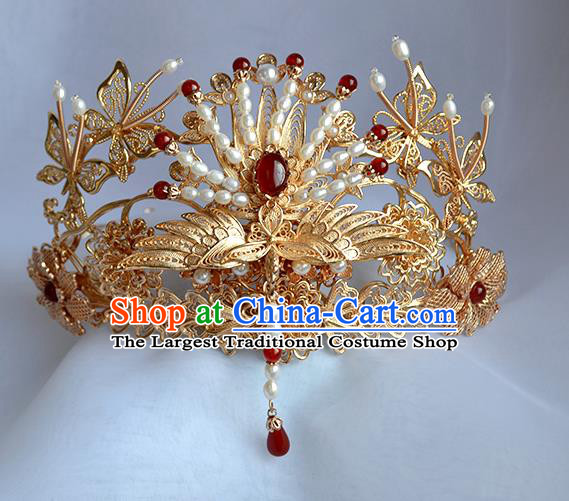 Chinese Traditional Wedding Hair Accessories Ancient Ming Dynasty Bride Golden Phoenix Hair Crown