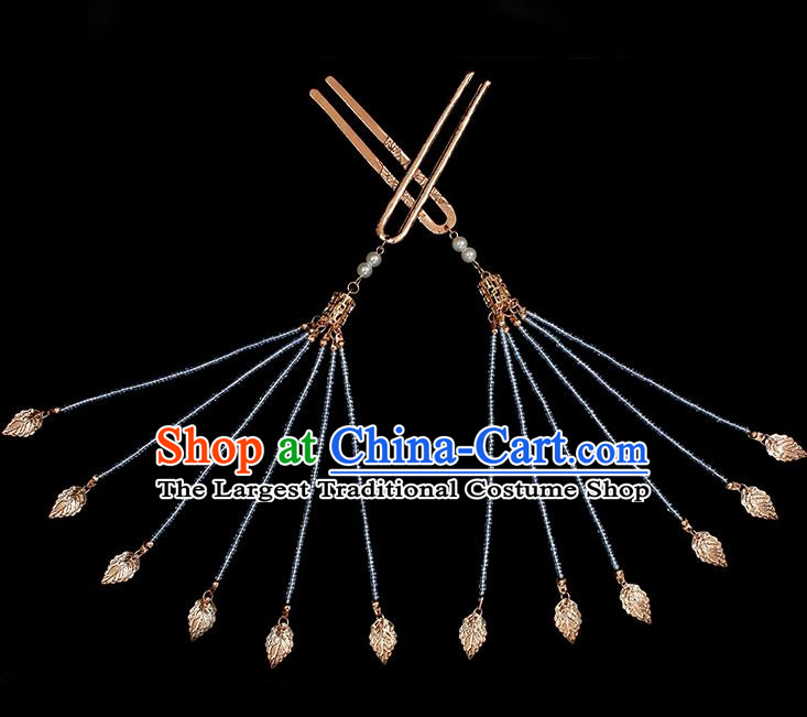 Chinese Traditional Tang Dynasty Palace Lady Hair Stick Ancient Princess Golden Leaf Tassel Hairpin