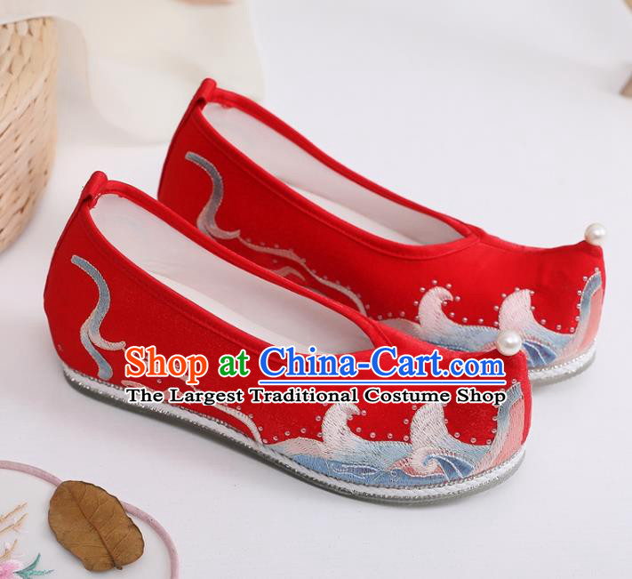 China Traditional Hanfu Shoes Ancient Ming Dynasty Princess Wedding Shoes Embroidered Red Satin Shoes