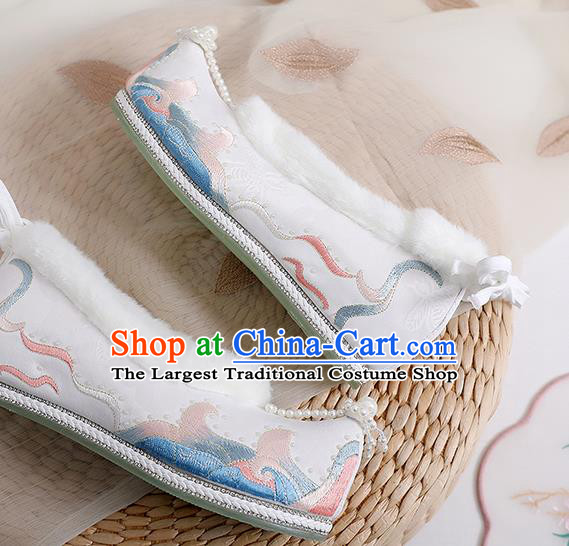 China Ming Dynasty Pearls Tassel Shoes Embroidered White Cloth Shoes Ancient Shoes Traditional Hanfu Winter Shoes