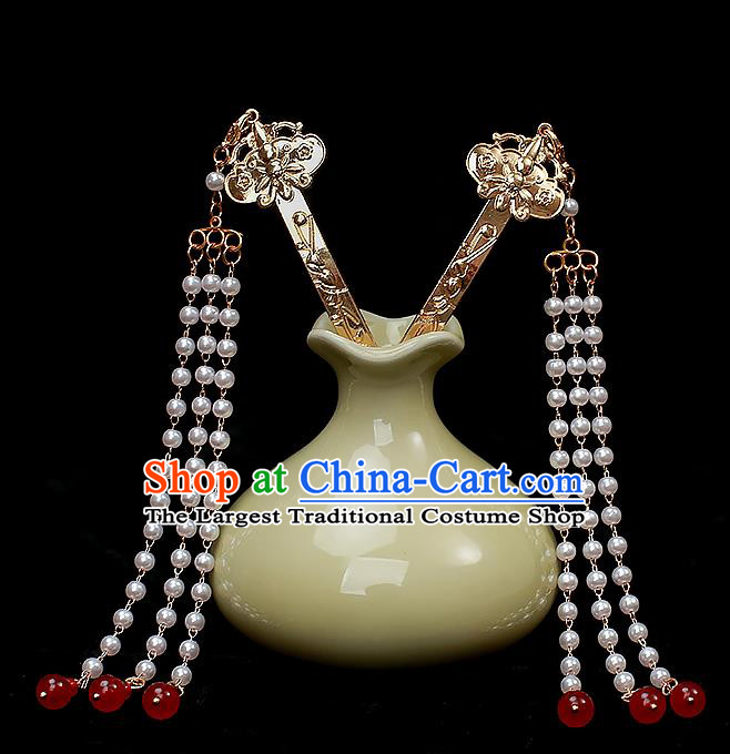 Chinese Traditional Ming Dynasty Court Lady Tassel Hair Stick Ancient Empress Golden Hairpin