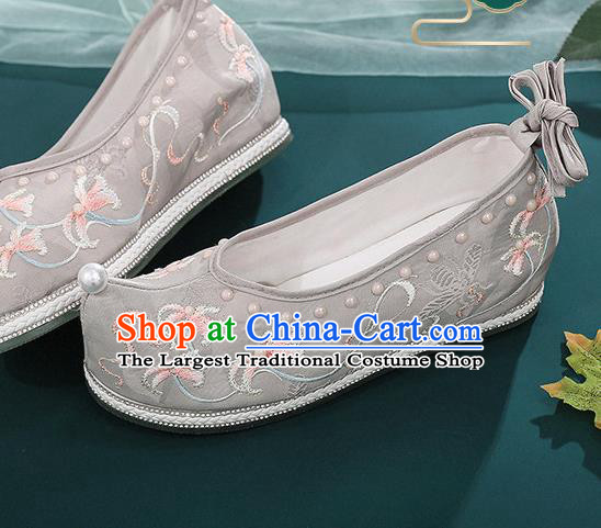 China Ming Dynasty Princess Bow Shoes Embroidered Mangnolia Shoes Ancient Grey Cloth Shoes Traditional Hanfu Pearls Shoes