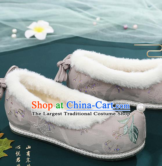 China Ancient Ming Dynasty Princess Bow Shoes Embroidered Grey Cloth Shoes Traditional Winter Hanfu Shoes