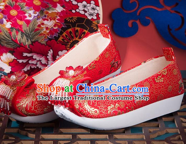 China Ancient Hanfu Shoes Handmade Red Brocade Shoes Traditional Ming Dynasty Wedding Shoes