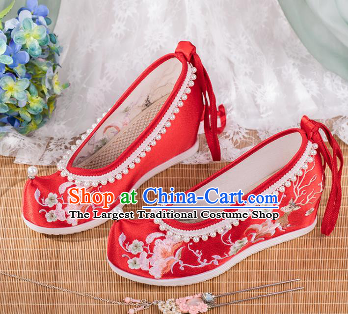 Chinese Classical Wedding Wedge Heel Shoes National Embroidered Red Satin Shoes Traditional Pearls Hanfu Shoes