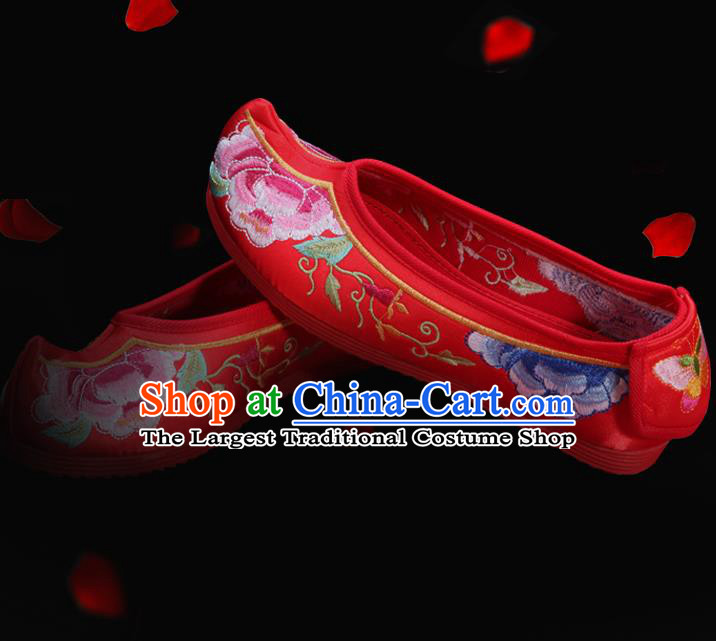 Chinese Traditional Wedding Bride Shoes National Red Cloth Shoes Classical Embroidered Peony Shoes