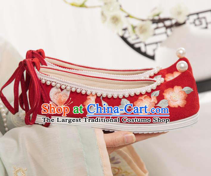 China Ancient Princess Embroidery Shoes Traditional Wedding Hanfu Shoes Ming Dynasty Red Cloth Bow Shoes