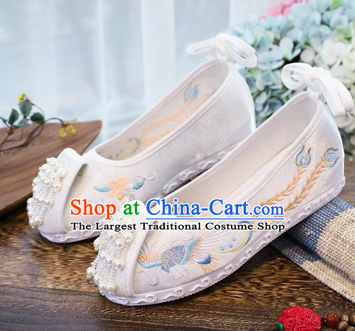 Chinese Traditional Hanfu White Cloth Shoes Classical Dance Shoes National Embroidery Phoenix Shoes