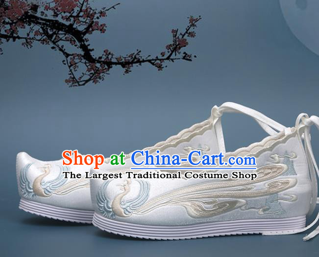 Chinese Classical Dance White Satin Shoes National Embroidery Phoenix Shoes Traditional Hanfu Shoes