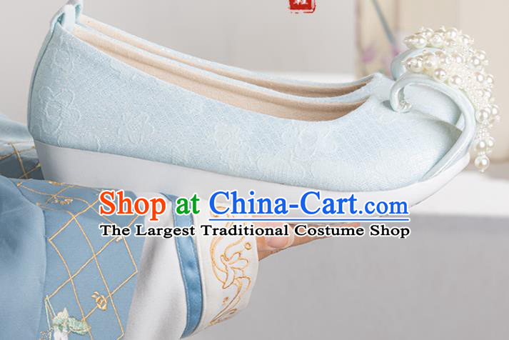 China Ancient Princess Pearls Toe Shoes Hanfu Shoes Traditional Tang Dynasty Blue Cloth Shoes