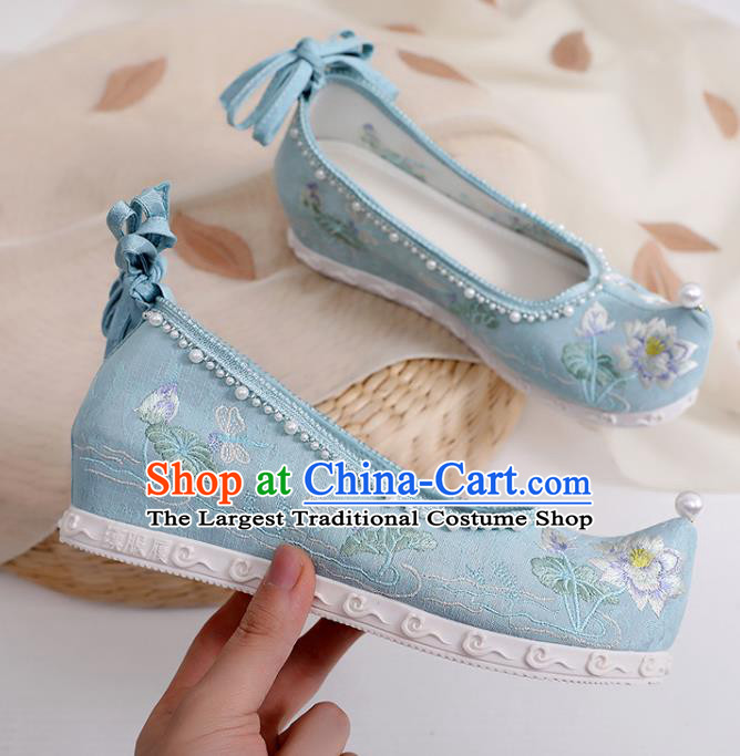 Chinese Classical Dance Shoes Footwear Embroidery Lotus Shoes Traditional Woman Blue Cloth Shoes