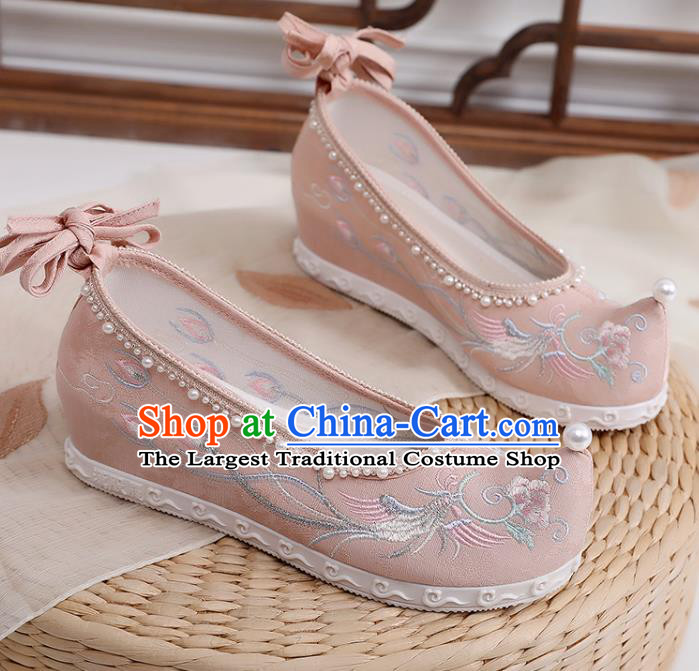 Chinese Classical Pearls Shoes National Embroidery Phoenix Peony Shoes Traditional Pink Cloth Shoes