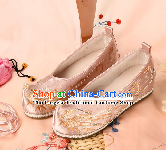 China Ancient Princess Shoes Embroidered Pink Satin Shoes Traditional Hanfu Shoes Handmade Ming Dynasty Pearl Shoes
