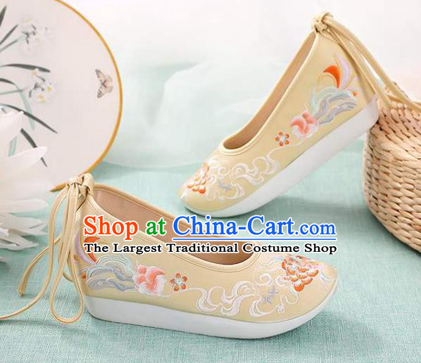 Chinese Embroidery Peony Shoes National Woman Footwear Traditional Beijing Yellow Cloth Shoes