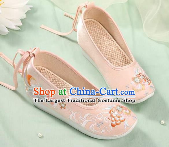 Chinese National Woman Footwear Traditional Beijing Pink Cloth Shoes Embroidery Peony Shoes