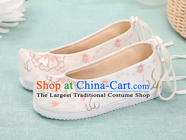 Chinese Classical Dance Shoes National Woman Embroidered Shoes Traditional Hanfu White Cloth Shoes