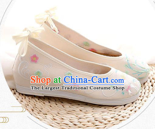 Chinese Traditional Folk Dance Shoes National Female Shoes Embroidered Beige Cloth Shoes