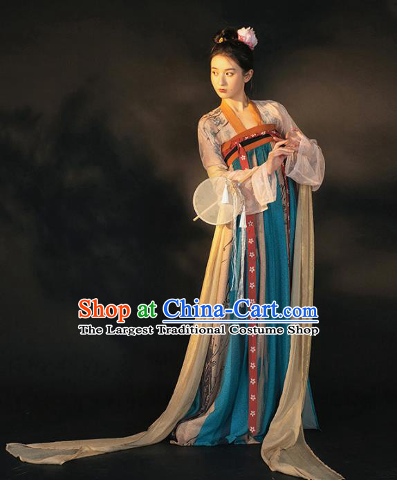 Traditional China Tang Dynasty Royal Princess Historical Clothing Ancient Noble Infanta Blue Hanfu Dress Garment