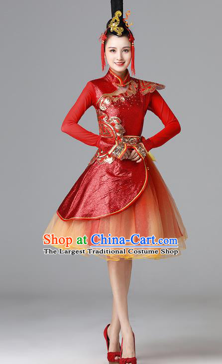 Chinese Modern Dance Garment Costume Spring Festival Gala Opening Dance Red Short Dress Drum Dance Clothing