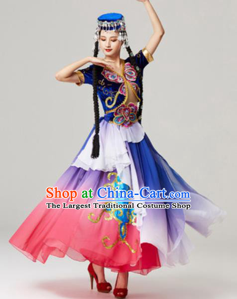 Chinese Xinjiang Ethnic Stage Performance Garment Clothing Uygur Nationality Dance Deep Blue Dress Outfits