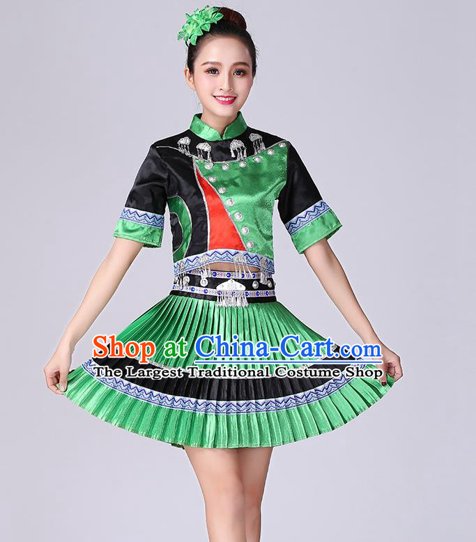 Chinese Yi Nationality Folk Dance Short Dress Minority Performance Green Outfits Clothing Tujia Ethnic Garment