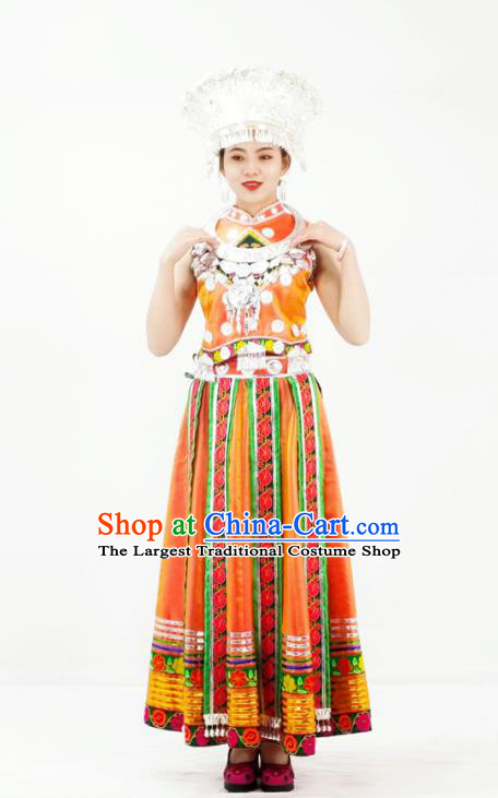 Chinese Miao Nationality Performance Yellow Dress Clothing Hmong Minority Black Outfits Xiangxi Ethnic Folk Dance Garment and Headdress