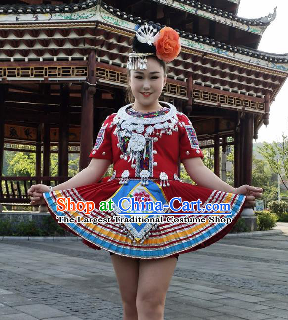 Chinese Miao Minority Red Outfits Ethnic Folk Dance Garment Guizhou Nationality Performance Short Dress Clothing