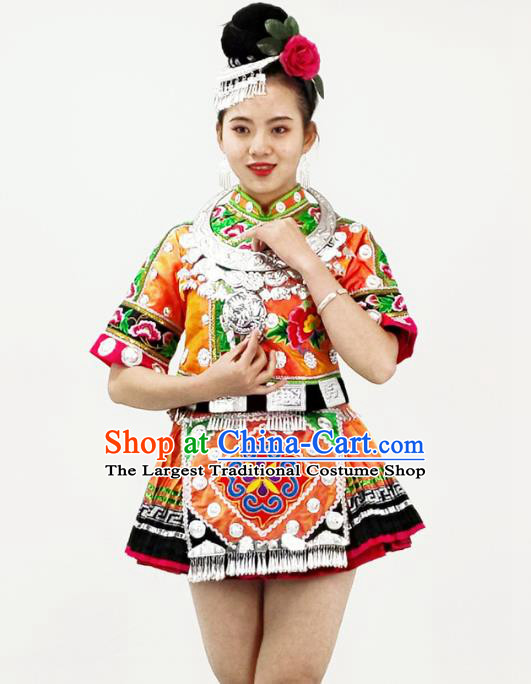 Chinese Miao Nationality Performance Garment Clothing Hmong Minority Ethnic Folk Dance Orange Short Dress Outfits and Hair Accessories