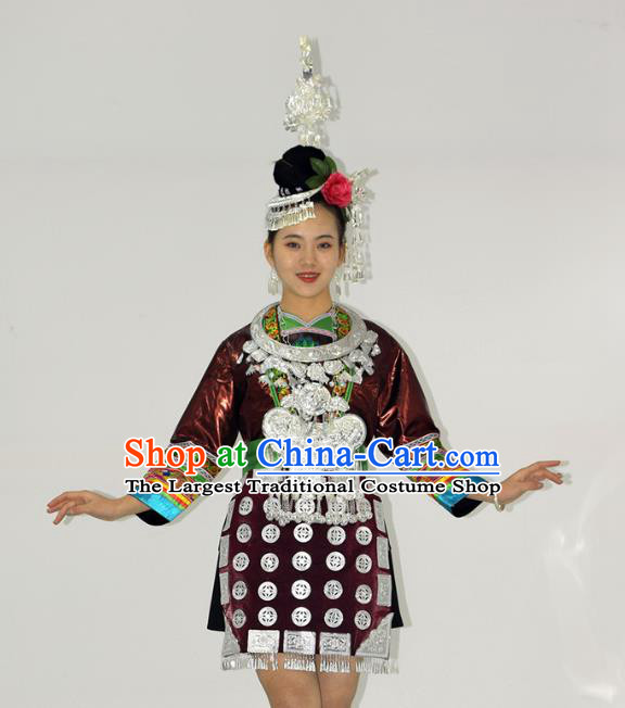 Chinese Dong Minority Ethnic Folk Dance Short Dress Outfits Tujia Nationality Performance Garment Clothing and Hair Accessories