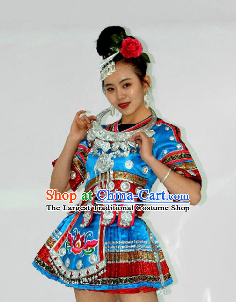 Chinese Ethnic Garment Miao Nationality Stage Performance Clothing Yi Minority Dance Blue Short Dress Outfits and Headwear