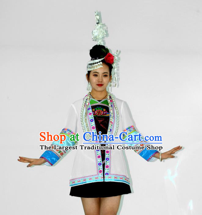 Chinese Dong Nationality Stage Performance Garment Clothing Minority Ethnic Folk Dance Short Dress Outfits and Jewelry Accessories