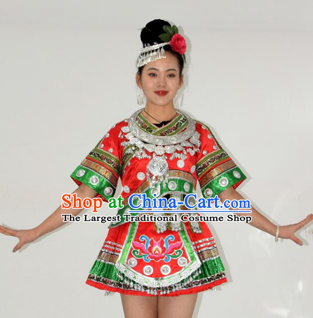 Chinese Yi Minority Dance Red Short Dress Outfits Ethnic Garment Miao Nationality Stage Performance Clothing and Headdress