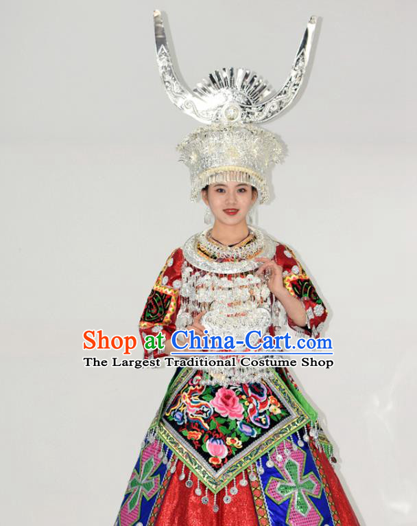 Chinese Miao Nationality Wedding Clothing Hmong Minority Bride Red Dress Ethnic Folk Dance Garment Outfits and Silver Hat