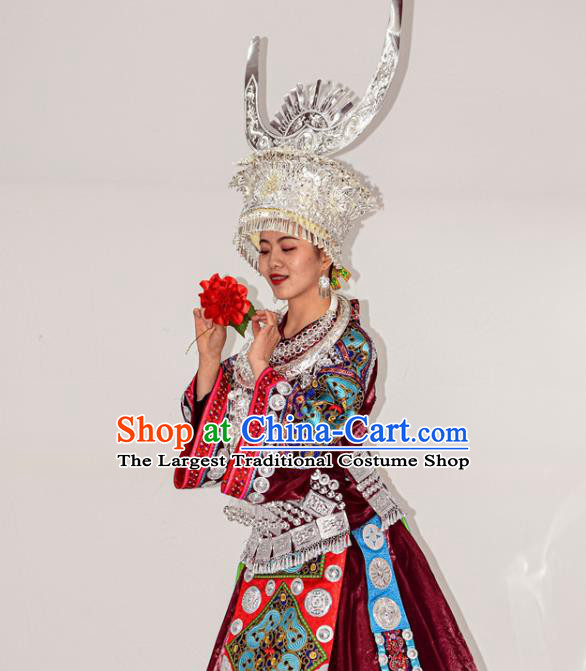 Chinese Ethnic Folk Dance Garment Outfits Miao Nationality Festival Clothing Hmong Minority Wine Red Dress and Silver Hat