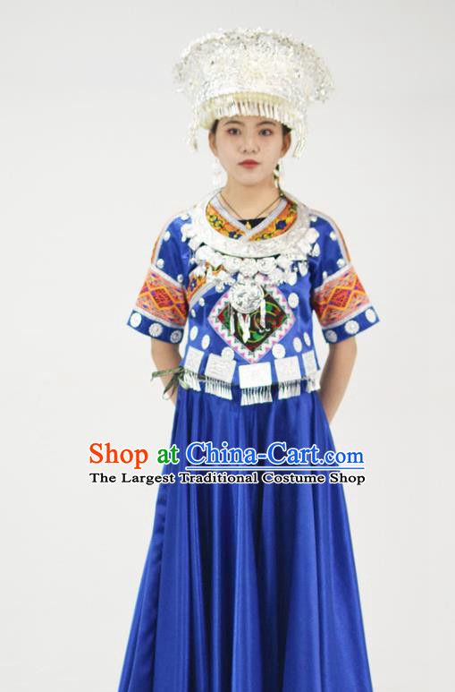 Chinese Hmong Minority Folk Dance Royalblue Dress Ethnic Festival Garment Outfits Miao Nationality Clothing and Headwear