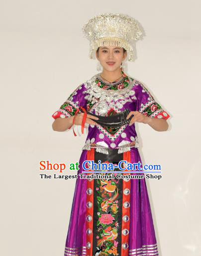 Chinese Miao Nationality Clothing Hmong Minority Folk Dance Purple Dress Ethnic Festival Garment Outfits and Headwear