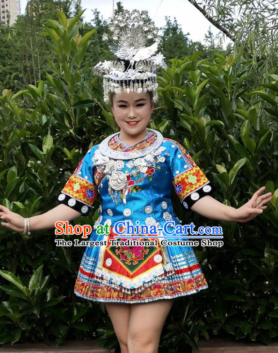 Chinese Xiangxi Minority Blue Short Dress Ethnic Folk Dance Garment Outfits Miao Nationality Performance Clothing