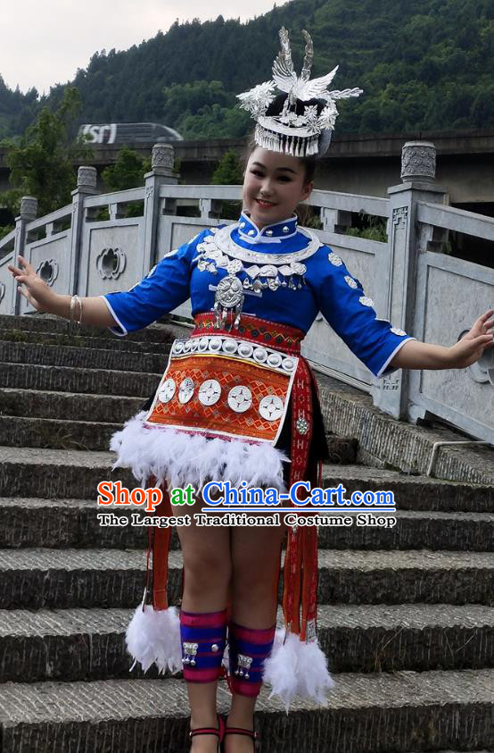 Chinese Miao Nationality Dance Clothing Hmong Minority Short Dress Guizhou Ethnic Performance Garment Outfits and Hair Accessories