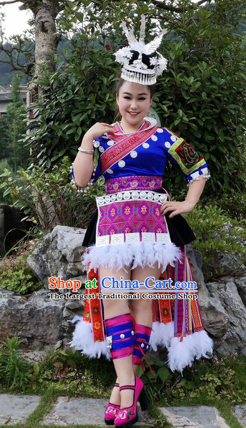 Chinese Guizhou Ethnic Performance Garment Outfits Miao Nationality Dance Clothing Hmong Minority Short Dress and Headpieces